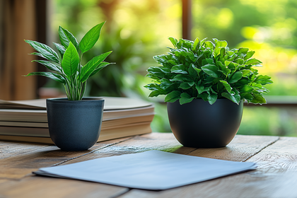 Home Office Workspace with Potted Plants and Papers
