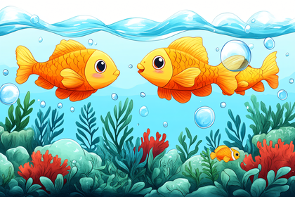 Cartoon Goldfish in Aquarium with Plants and Bubbles Vector Illustration