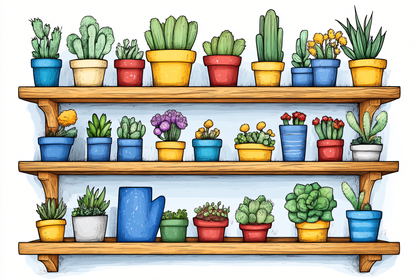 Colorful Collection of Potted Plants on Wooden Shelves