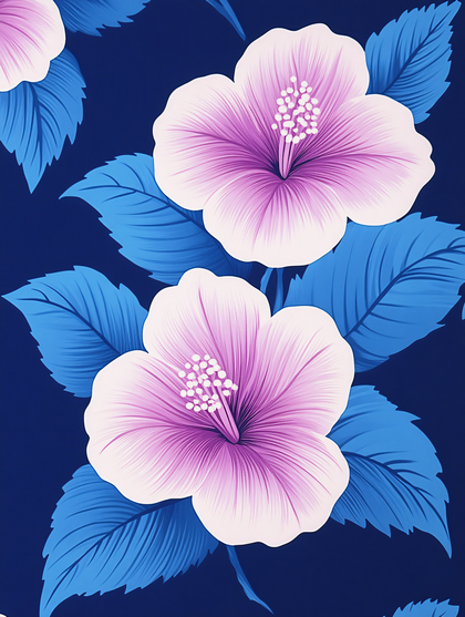 Purple And White Hibiscus Flowers With Blue Leaves Pattern