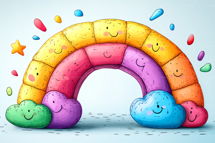 Rainbow with Smiling Clouds and Raindrops