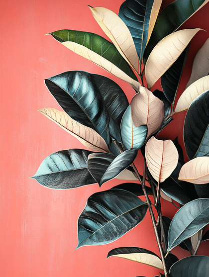 Rubber Plant Leaves on Pink Background