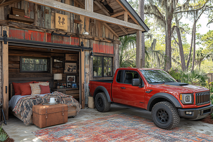 Rustic Bedroom with Red Pickup Truck: Cozy Home Decor and Automotive Lifestyle