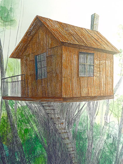 Rustic Treehouse In Forest Setting