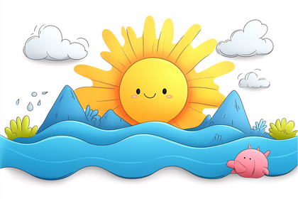 Smiling Sun Over Water and Mountains