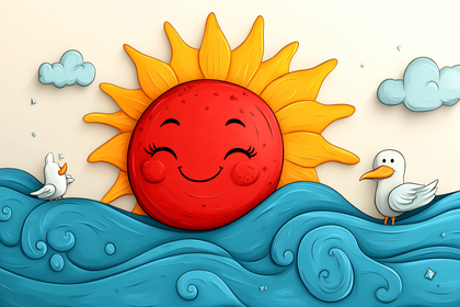 Smiling Sun with Seagulls on Waves