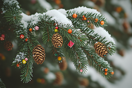 Snowy Pine Branch with Pine Cones and Colorful Christmas Ornaments
