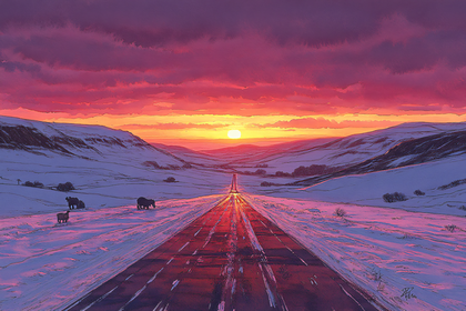 Snowy Road at Sunset