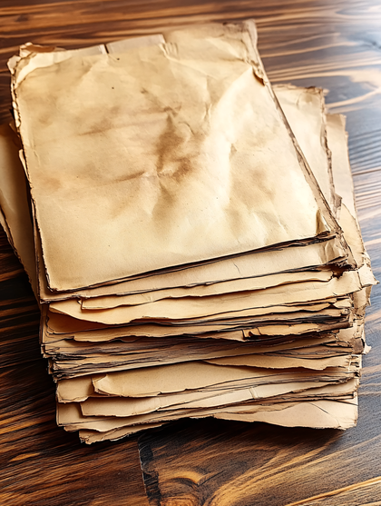 Stack of Aged Paper Sheets on Rustic Wooden Table Texture Background