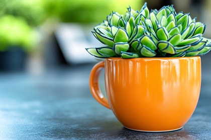Close-up of a Green Succulent Plant in an Orange Mug