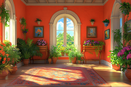 Sunny Indoor Garden Room with Orange Walls and Potted Plants