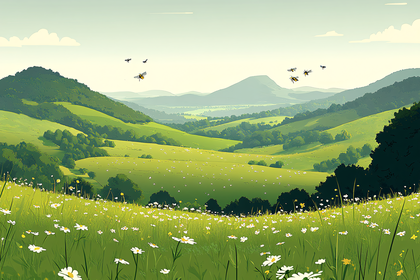 Sunny Meadow Landscape with Bees and Daisies