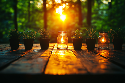 Illuminated Plants and Mason Jars at Sunset