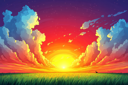 Sunset Over Grassy Field With Stylized Clouds