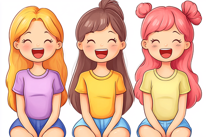 Three Happy Cartoon Girls Laughing