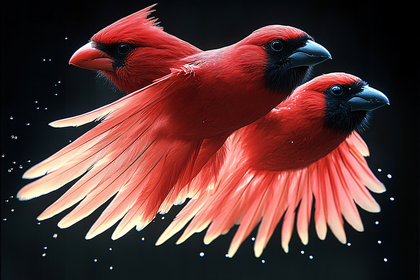 Three Red Cardinals in Flight
