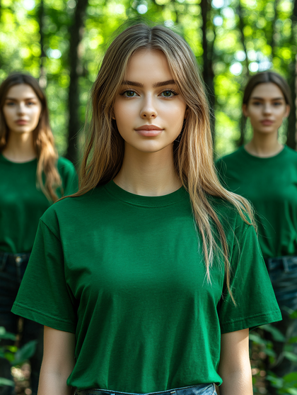 Three Women in Green T-Shirts in Forest