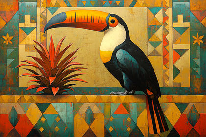 Vibrant Toucan Bird and Tropical Plant Illustration on Geometric Pattern Background