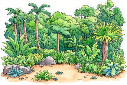 Lush Tropical Forest Illustration with Palm Trees and Exotic Plants