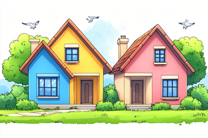 Two Colorful Houses With Birds