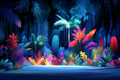 Night Jungle Illustration with Colorful Tropical Plants