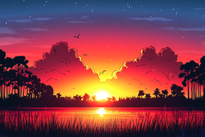 Vibrant Sunset Over Lake