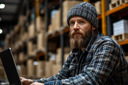 Warehouse Worker Using Laptop in Distribution Center