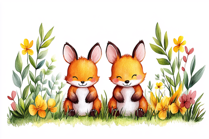 Watercolor Foxes in Flower Garden