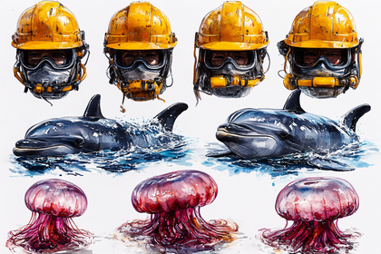 Watercolor Painting of Construction Helmets, Dolphins, and Jellyfish