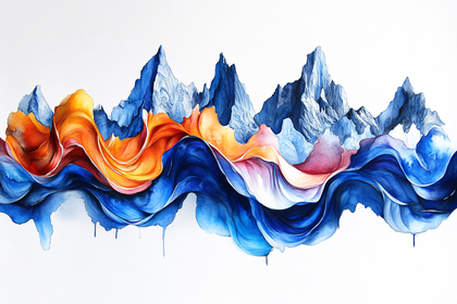 Abstract Watercolor Painting of Mountain Landscape with Flowing Blue and Orange Ribbons