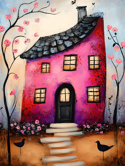 Whimsical Pink House Painting