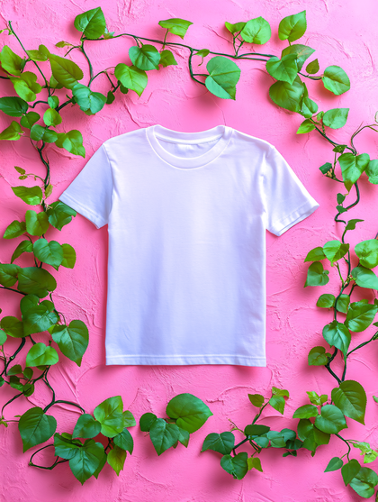 White T-Shirt On Pink Backdrop With Green Vines
