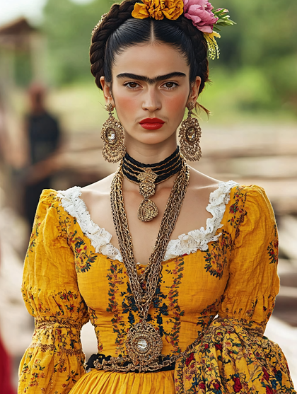 Portrait of Woman in Yellow Dress with Flowers and Traditional Jewelry