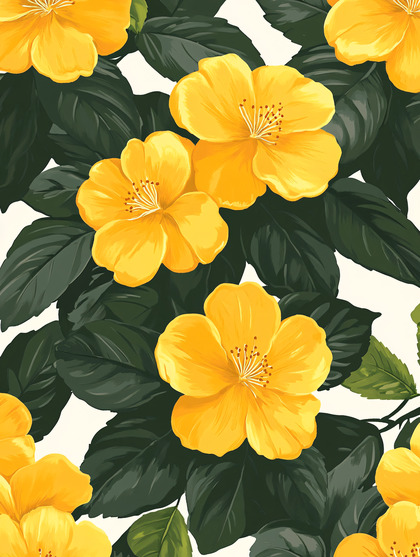 Yellow Hibiscus Flowers And Dark Green Leaves Pattern