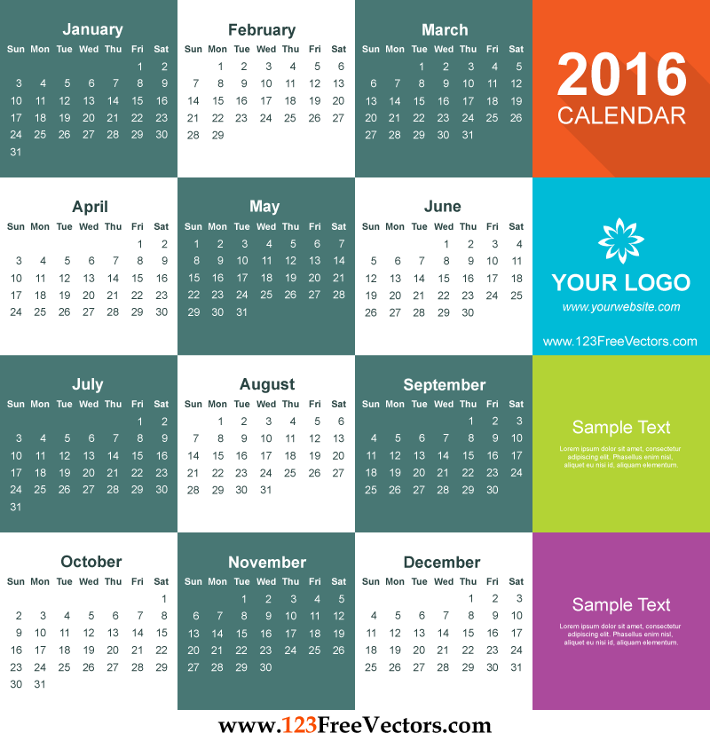 Free Downloadable 2016 Calendar Template from files.123freevectors.com