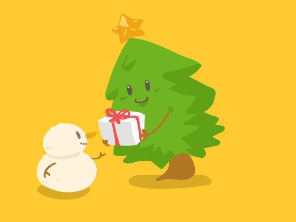 Cartoon Xmas Tree Giving Christmas Gifts to Snowman