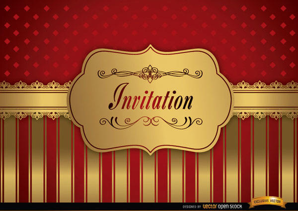 Wedding Invitation with Golden Frame on Red Background