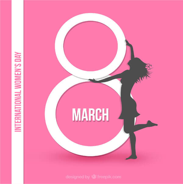International Women's Day Pink Background Card Design with Girl and Text  8th March