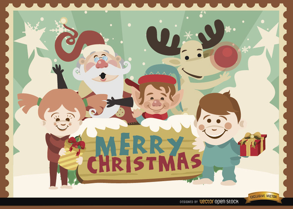 Merry Christmas Cartoon Characters Background Free Vector